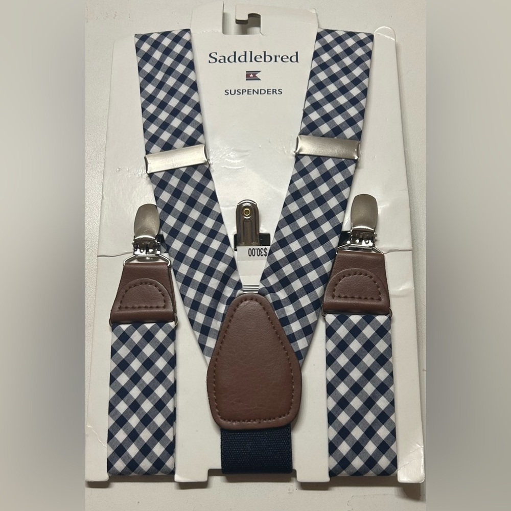 NWT SADDLEBRED NAVY BLUE/WHITE GINGHAM MENS SUSPENDERS